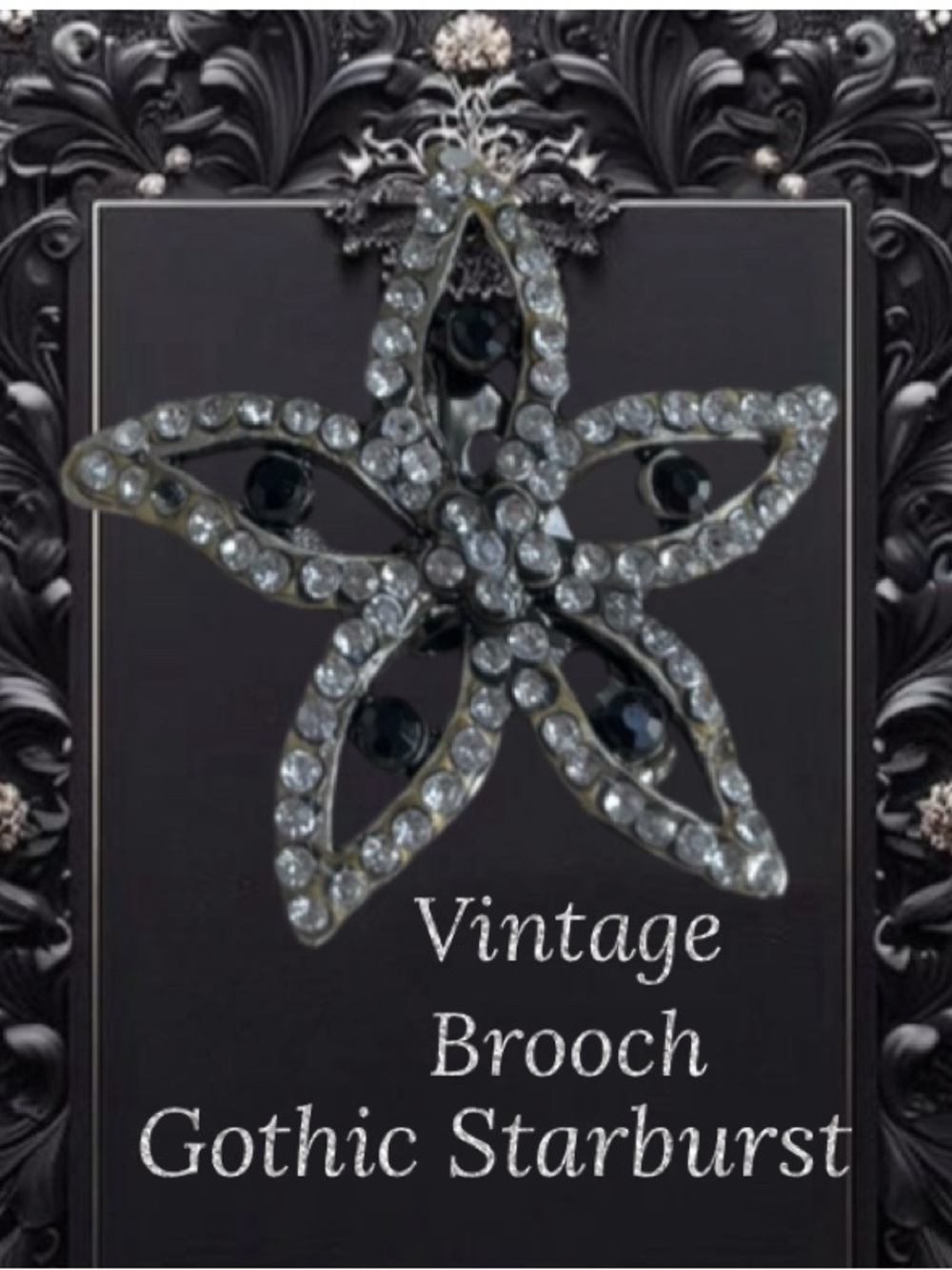Vintage Brooch Art Deco Starburst Flower Matte Silver Moody Black Onyx Bezel